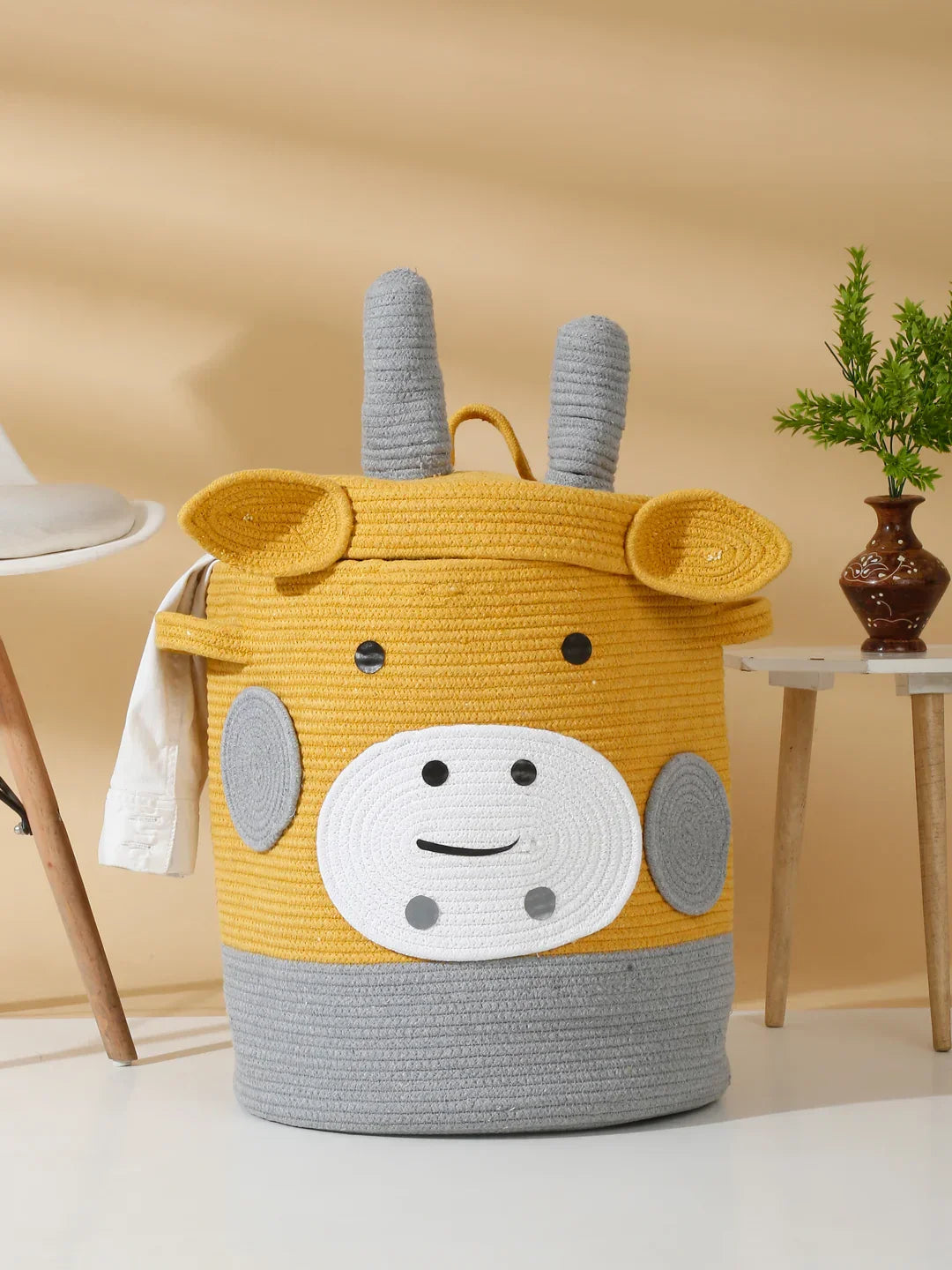 Handwoven jute cotton cow laundry basket